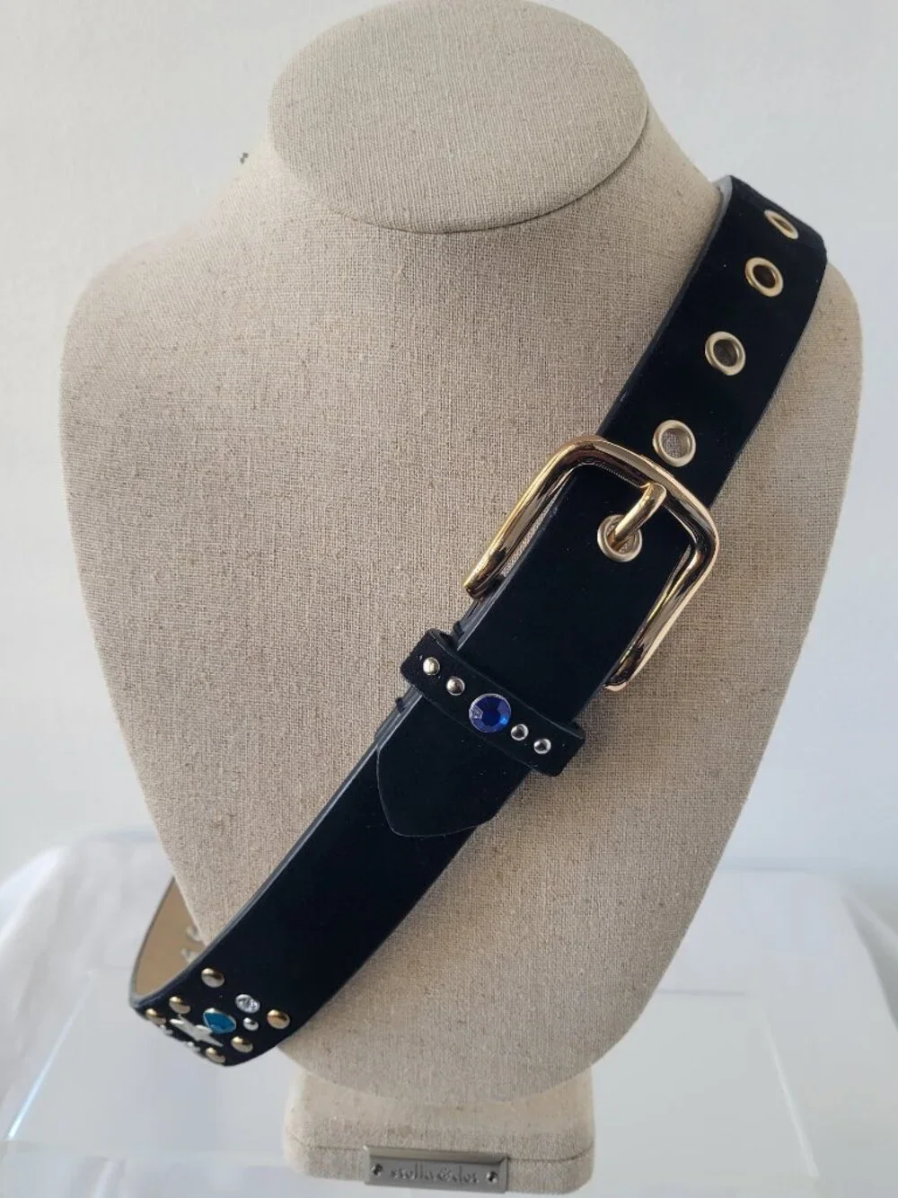 Rhinestone Star-Studded Black Velvet Metal Disco Glam Rocker Belt (Size: S/M)